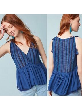 Anthropologie Akemi + Kin Baka Tassel Blouse Cobalt Blue Pleated Boho XL